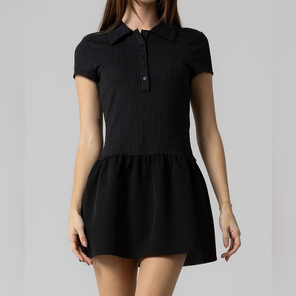 Black Short Sleeve Mini Polo Tennis Dress